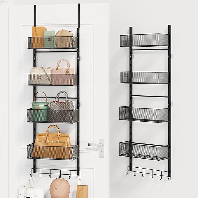 SWTYMIKI Over The Door Purse Organizer - Wall Mounted Purse Rack with 4 Adjustable Metal Basket and 6 Hooks, Hanging Bag Rack for Handbag Organizer, Bag Storage Can Use As 1/2 Part, for Door, Closet