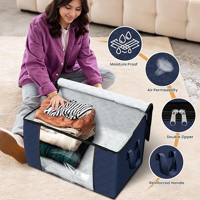 Fab totes 24 Gallons Clothes Storage,Foldable Thick Fabric Blanket Storage Bags,Containers for Organizing Bedroom, Closet, Clothing, Comforter,Organization with Handle (6 Pack,Blue)