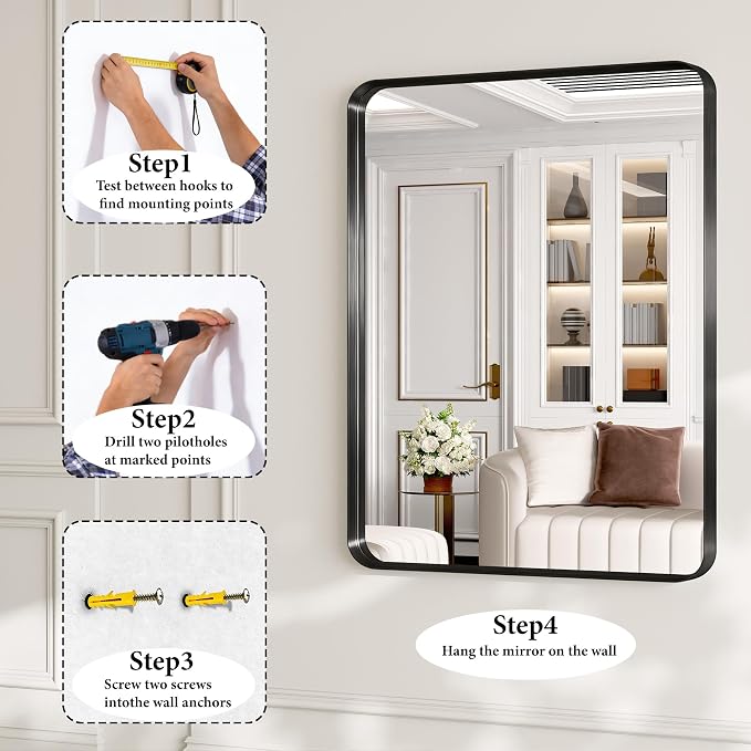 32x40 Inch Metal Black Framed Bathroom Mirror