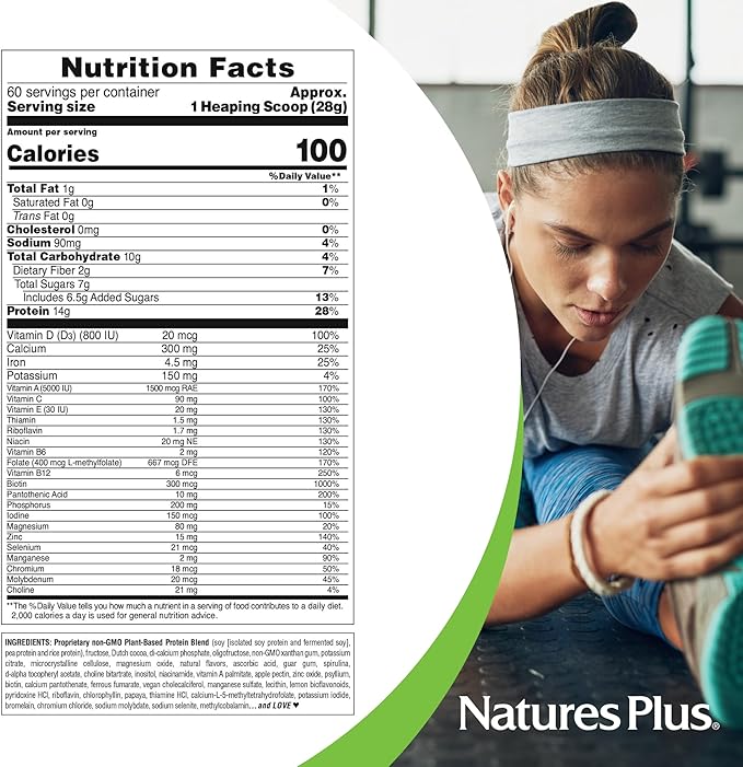 Natures Plus SPIRU-TEIN, Chocolate - 3.7 lbs - Plant-Based Protein Shake - Non-GMO, Vegetarian, Gluten Free - 60 Servings