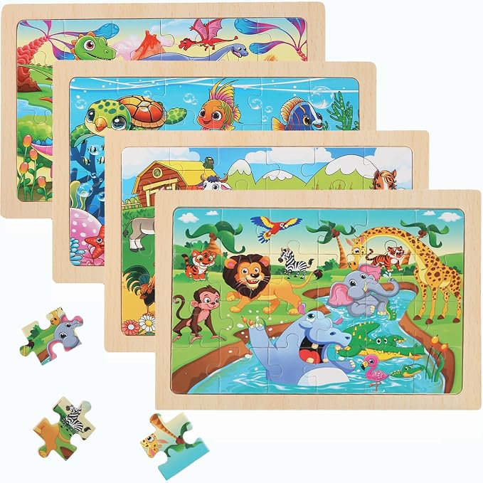 Puzzles for Kids Ages 4-6, 4 Packs 24 Piece Wooden Jigsaw Puzzle for Toddlers 5-8, Preschool Educational Puzzle Boards Toys Gifts for 4 5 6 7 8 Boys Girls