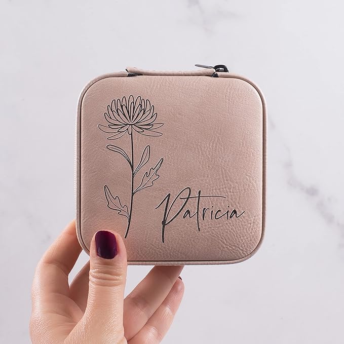 Custom Leather Jewelry Box w/Name & Birth Flower Month - Birthday Gifts for Women, Personalized Jewelry Travel Case - Customized Jewelry Organizer Box, Mom Birthday Gifts - Chestnut
