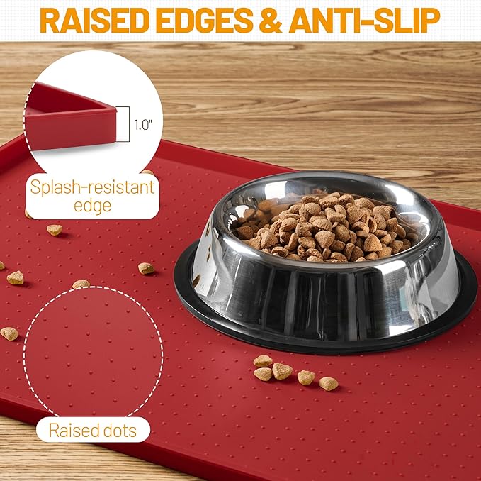 Hubulk Dog Feeding Mat,100% Waterproof Food Grade Silicone Pet Food and Water Bowl Placemat,Dishwasher, High Raised Edge to Prevent Spills,Nonslip Tray to Stop Messes on Floor (32"x24"x1.0", Red)
