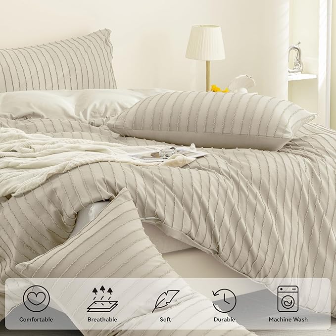 JELLYMONI Duvet Cover Super King Size Light Khaki - 3PCS Boho Striped Duvet Cover Set Polyester Tufted Bohemian Textured Comforter Cover 116×98in with Corner Ties & Zipper and 2 Pillowcases