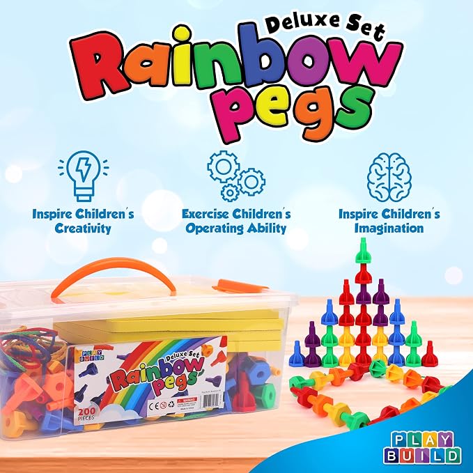 Rainbow Pegs and Board Deluxe 200pc Set, Montessori Baby Toys, Stacking and Lacing Pegs, Baby and Toddler Toys, Play and Learn STEM Toy, Fine Motor Skills, Ages 3+
