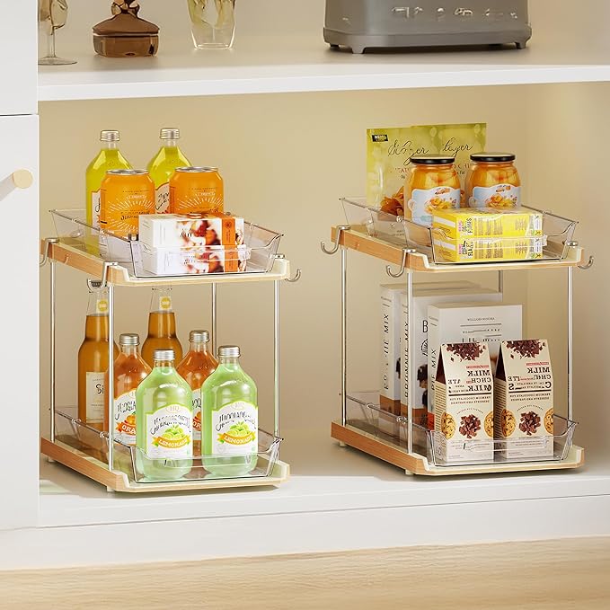 Delamu 2 Tier Under Sink Organizer Bathroom, Bathroom Cabinet Organizer with Snap-Lock Design and Hooks, Pull Out Storage with Movable Dividers, for Countertop, Kitchen and Pantry (Wood Grain, 4 Pack)