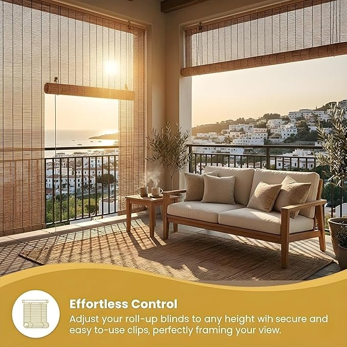 Blackout Bamboo Roller Shades for Outdoor Patio Reed Roll Up Blinds 24" 36" 48"