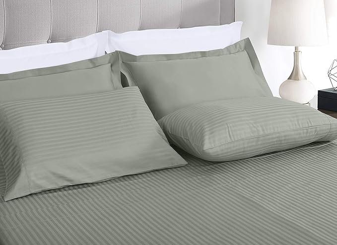 Threadmill 100% Cotton Sheets for Twin Size Bed - 600 Thread Count Twin Bed Sheets Set with 15” Deep Pocket - Damask Stripe Sateen Weave 3-Piece Bedding Set with Cooling Effect, Moonrock Grey