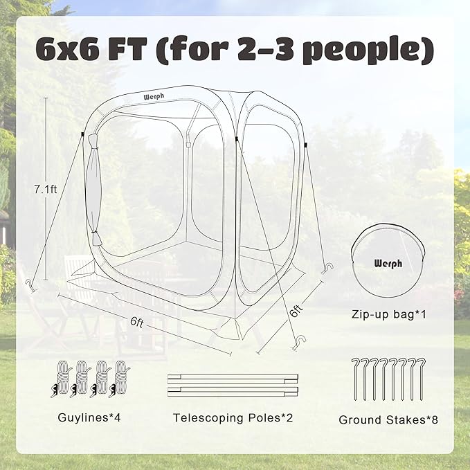 Pop Up Tent，Portable Canopy Tent with Mesh Mosquito Net, Screen House Room Canopy Shade Screen Tent 6 x 6 FT with Carry Bag for Patio, Backyard, Sports & Outdoors Activities, Green