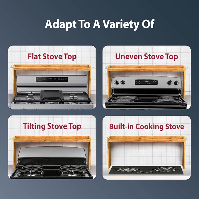 IIIOIIIA Bamboo Over the Stove Spice Shelf for Kitchen, 31.5" Spice Rack Organizer Shelf with 6 hooks, 11.4" Height Extra Storage Countertop, Easy to Assemble