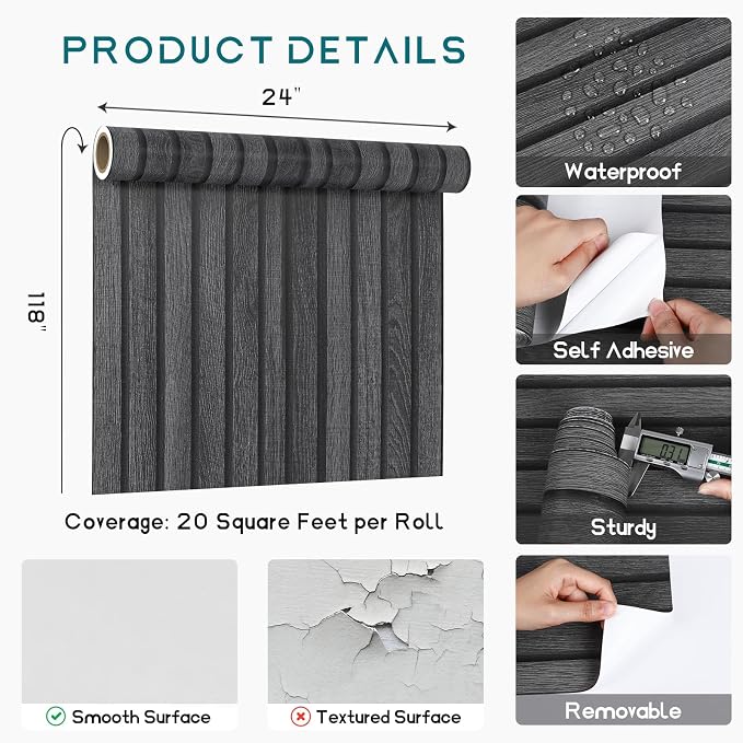 VEELIKE Charcoal Black Wood Slat Peel and Stick Wallpaper 24''x118'' Modern