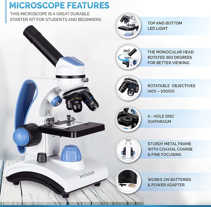 AmScope M162C-2L-PB10-WM All-Metal Compound Microscope 1000X Magnification | 40X-1000X Magnification LED Illumination All Metal Frame Includes Slides Prepared Kit Carrying Case Digital Camera Ready