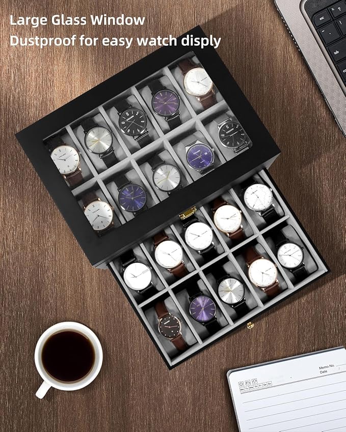 Uten 20 Wooden Watch Storage Box 2 Layers Organizer Collection Jewelry with Glass Lid