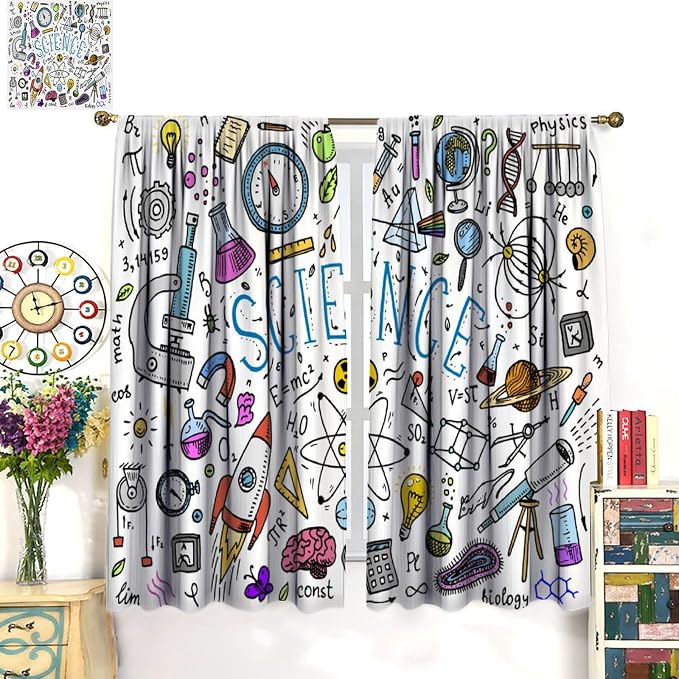 Science Symbols Kids Curtain Sketches Cartoon Chemistry Physics Geometry Education Pattern Print Window Drapes for Bedroom Living Room Kitchen Decor,2 Panel Set,63x63 Inch Blackout