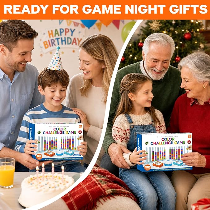 Color Challenge Game – 2 Pack Color Matching Game for Family Game Night and Parties, Board Games for Kids 6-8-12 & Adults, Stacking Game with 2 Stack Racks, 100 Cards, 120 Rings, Bell, Storage Bag‌