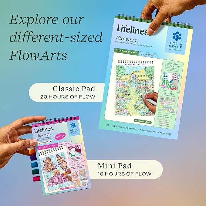 Lifelines FlowArt Activity Pad 3-Pack, Guided Art Meditation Coloring Books | 12 Double-Sided Markers, 60 Scenes - Guided Dot Art Meditations for Tweens, Adults & Seniors - Patent-Pending