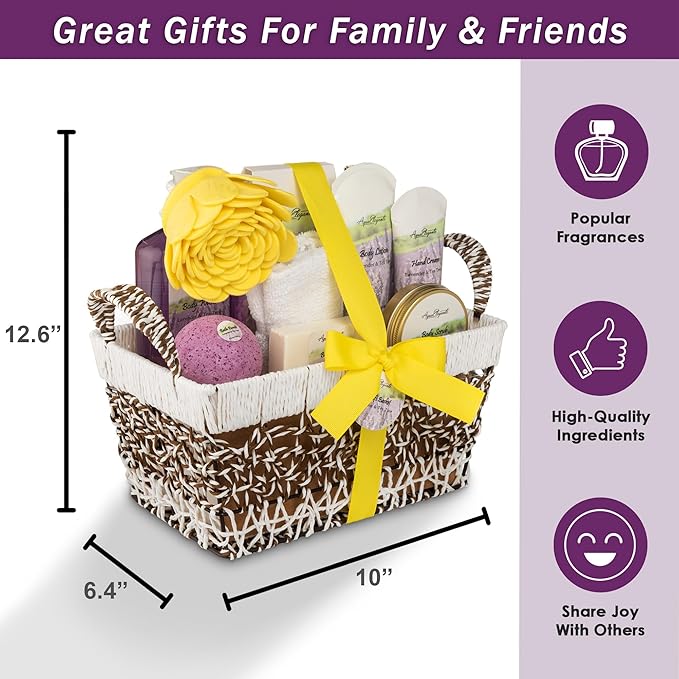 Spa Baskets For Women - Luxury Bath Set With Lavender & Tea Tree Oil - Spa Kit Includes Wash, Bubble Bath, Lotion, Bath Salts, Body Scrub, Hand Cream, Shower Puff, Bathbombs, Soap and Towel
