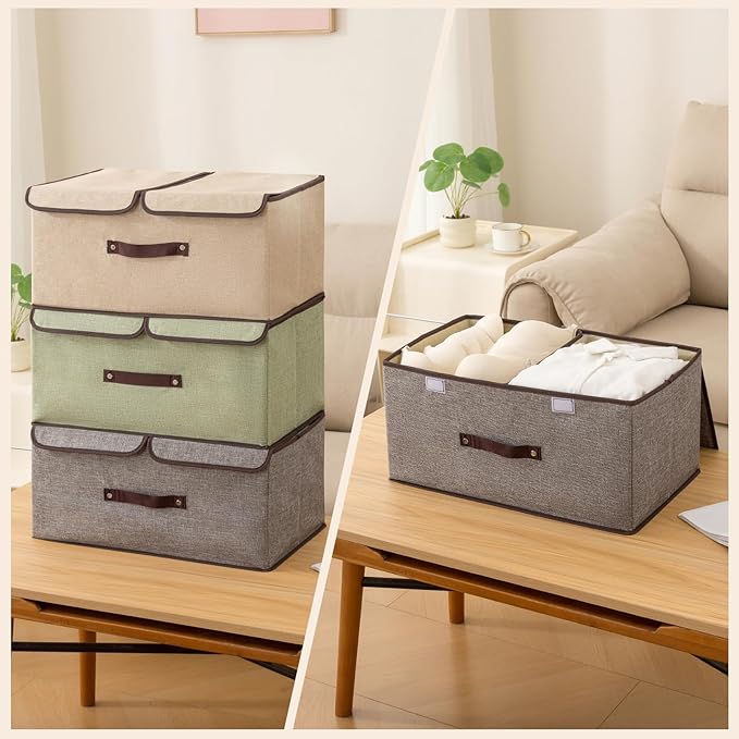 Linen Storage Boxes with Removable Dividers, 2-Pack Large Foldable Organizer Bins, Gray Fabric Containers with Handles for Clothes, Blankets, Underwear Storage (Grey, 2Pack*15L)