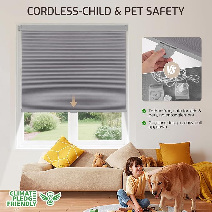 Grandekor No Drill No Tools Cordless Cellular Shades, UV Protection Privacy No