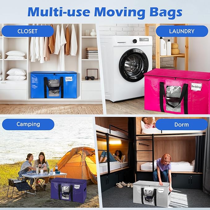 12 Pack Extra Large Moving Bags,Christmas Decoration Storage Bins,37Gallon Heavy Duty Storage Totes with Visible Window & Tag Pocket,Moving Boxes Alternative,Packing Bags For Dorm Closet RV(Blue)