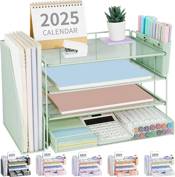 OPNICE Desk Organizer, 4-Tier Desktop File Organizer with Drawer and 2 Pen Holders, Office Desk Accessories, File Sorters, Workspace Organizers for Office Supplies(Green)