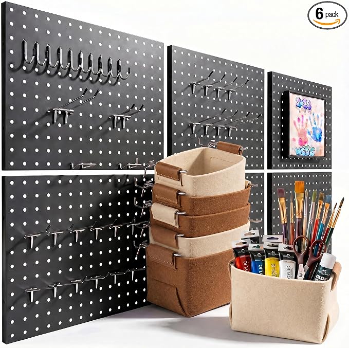 Spampur Peg Board, 6 Pack Metal Pegboard Wall Organizer with Accessories | Black Pegboard Panels with 50 Pcs Hooks and Baskets, Wall Organizer for Office, Craft Room Organization, Garage, Sewing Room