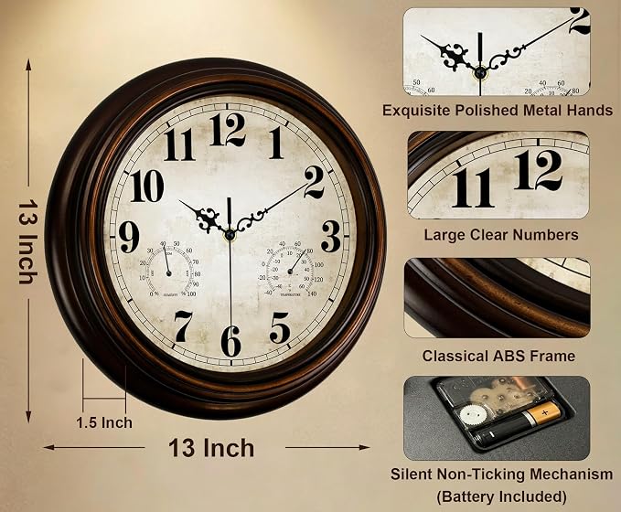 Vintage Wall Clock 13 Inch Quartz Silent Non-Ticking Analog Clock
