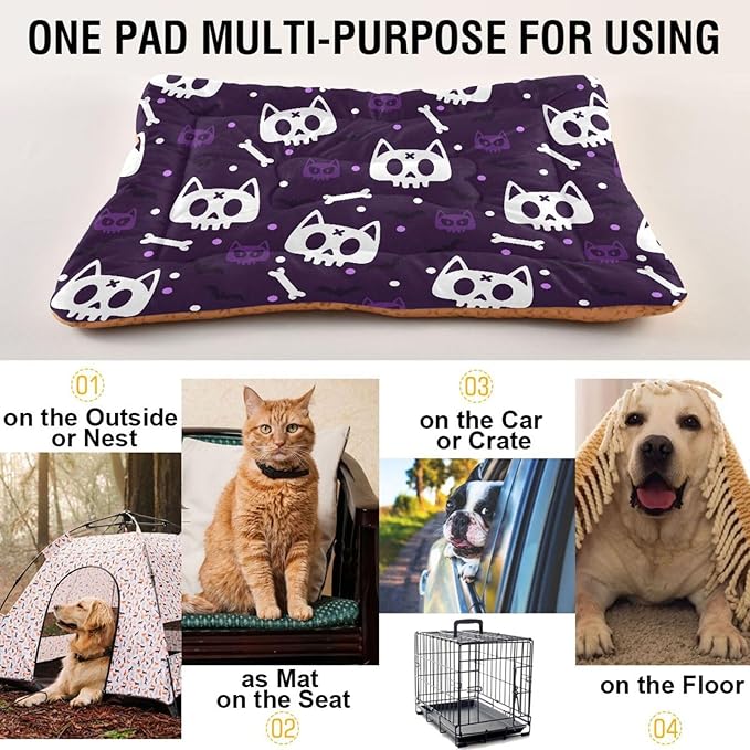 Halloween Cat Skull Pet Bed Cute Dog Bed Mat Absorbing Non Slip Pad Pet Sleeping Mat for Small, Medium, and Large Dogs Puppy Cat 24 in x 18 in