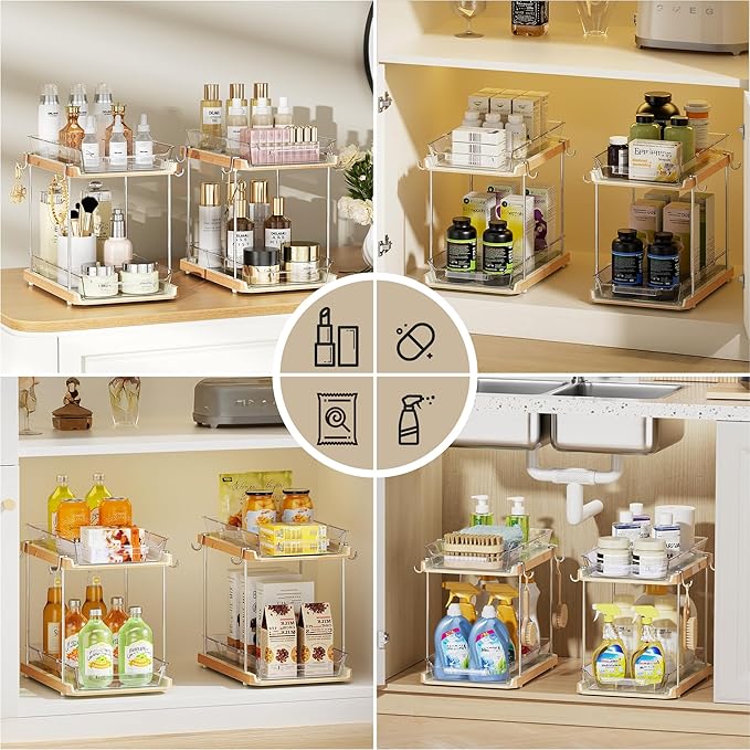 Delamu 2 Tier Under Sink Organizer Bathroom, Bathroom Cabinet Organizer with Snap-Lock Design and Hooks, Pull Out Storage with Movable Dividers, for Countertop, Kitchen and Pantry (Wood Grain, 4 Pack)