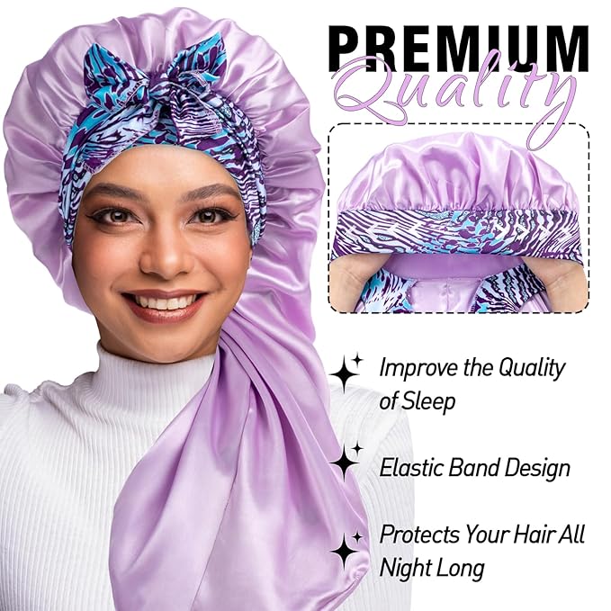 2Pcs Bonnets for Black Women Braid Bonnet, Large Long Satin Silk Bonnet for Braids,Black Women Braid Bonnet with Stretchy Tie Band for Sleeping Extra Long (Green & Light Purple Pattern)