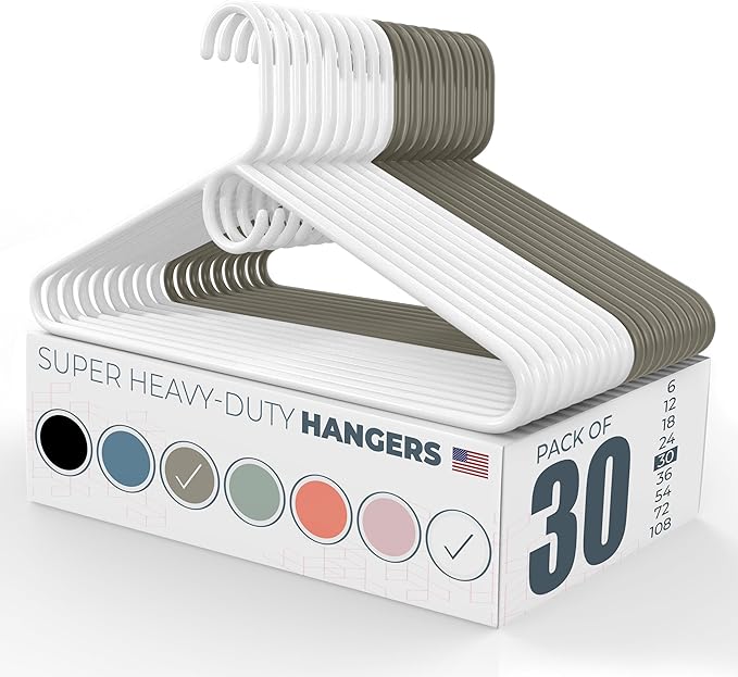 Neaties Super Heavy Duty Clothes Hangers 30 Pack – Made in The USA - 10lb Capacity, Thick Plastic Hangers for Pants, Coats, Jackets, Jeans and Adult Clothing – White & Gray