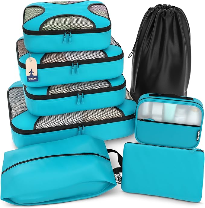 Shacke Premium 8 Packing Cubes Set - Lightweight Mesh Travel Luggage Organizers with Laundry Bag, 8-Piece Suitcase Storage System (Aqua Teal)