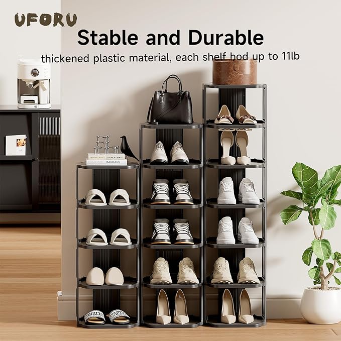 UFORU Vertical Shoe Rack, 6-Tier Plastic Stackable Storage Shelf for Small Closets and Narrow Spaces, Compact Free Standing Shoe Racks for Entryway Bedroom Dormitory