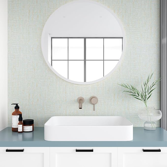 VEELIKE Pale Green Gold Grasscloth Wallpaper Textured Faux Grasscloth Peel and