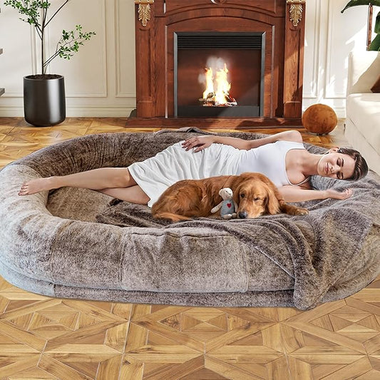 Human Dog Bed, 72"x48"x11" Extra Large Bean Bag Bed for Adults and Dogs, Ultimate Comfort Washable Fur and Blanket (Brown)