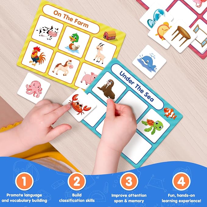 EAMAY Building Language and Matching Games Set with 6 Sorting Mats and 36 Everyday Objects Pieces Special Education Classroom,Sorting Toys for Toddlers 1-3