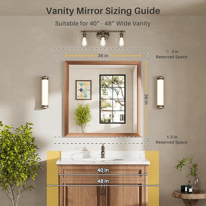 36x36 Inch Bathroom Mirror for Wall, Anti-Rust Walnut Wood Grain Metal Framed