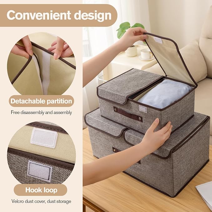 Linen Storage Boxes with Removable Dividers, 2-Pack Large Foldable Organizer Bins, Gray Fabric Containers with Handles for Clothes, Blankets, Underwear Storage (Grey, 2Pack*15L)