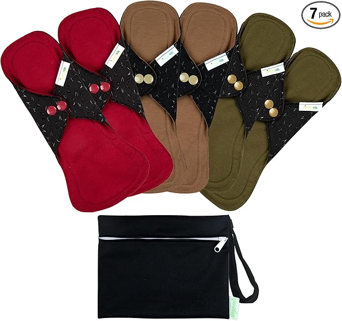 wegreeco 6 Pc Reusable Menstrual Pads, Ultra Absorbent Cloth Pads for Light/Heavy Flow, Sanitary for Teens, Women, Nonslip Panty Liners + Bag (Aqua, Burgundy, Coffee, XL)