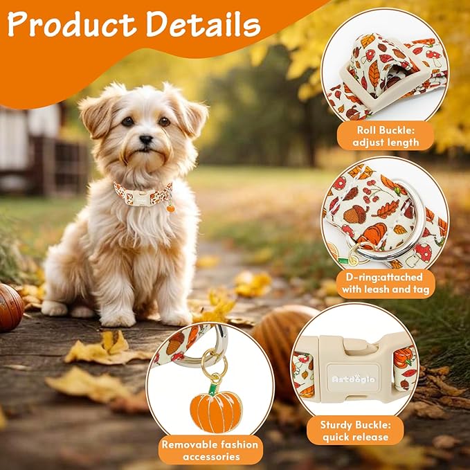 Fall Dog Collar – Halloween & Thanksgiving Dog Collars for Small Dogs – Soft & Comfortable Autumn Puppy Collar with Quick Release Buckle, Small Dog Collars for Girl Boy Dogs-S