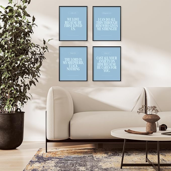 Locomiss Light Blue Christian Wall Art Decor Posters, Modern Bible Verse Prints