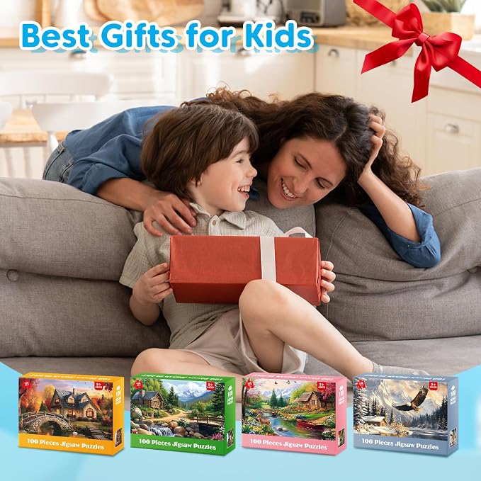 4-Pack 100 Piece Puzzles for Seniors Country Life Large Piece Puzzles for Seniors Puzzle Dementia Alzheimer's Products Activities for Elderly Adults Kids Puzzle for Kids Ages 6-8 8-10