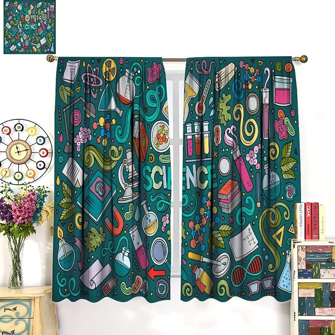 Science Symbols Kids Curtain Sketches Cartoon Chemistry Physics Geometry Education Pattern Print Window Drapes for Bedroom Living Room Kitchen Decor,2 Panel Set,63x63 Inch Blackout