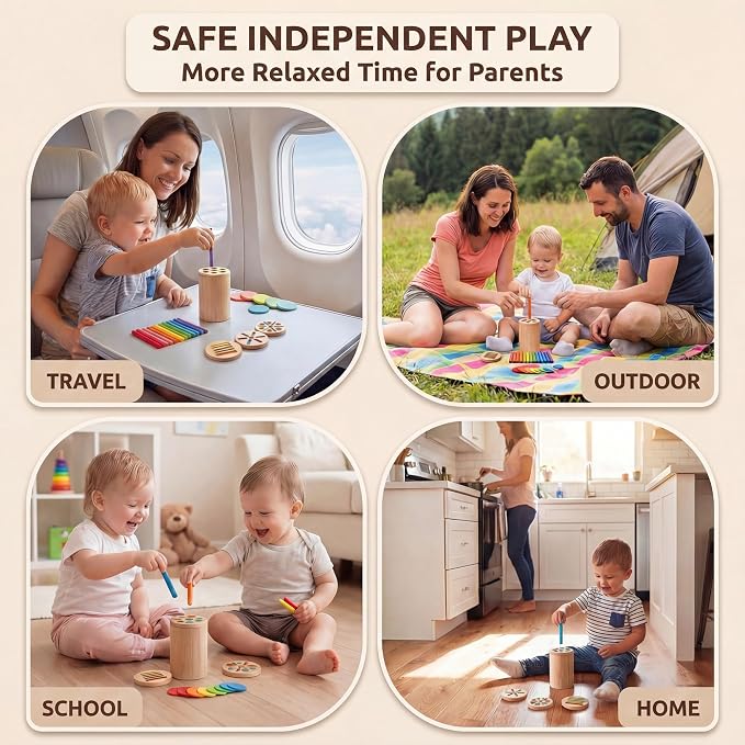 Wooden Montessori Toys for 1, 2,3 Year Old | 3 in 1 Fine Motor Skills , Learning Color Matching Sorting Sensory - Christmas, Birthdays for Toddler Boy Girls - 18 Month