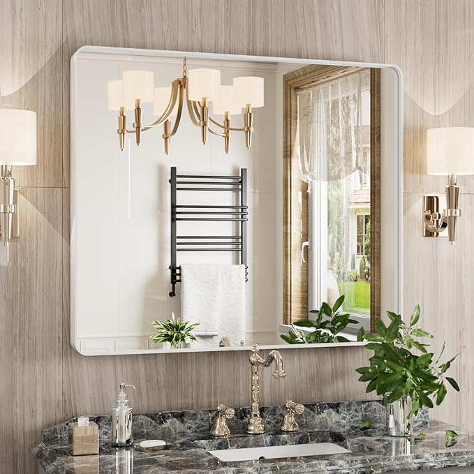 White Bathroom Mirror 30x36 Inch, White Metal Framed Bathroom Mirror for Wall, Rounded Rectangle Matte Bathroom Vanity Mirror, Tempered Glass, Anti-Rust, Horizontal/Vertical
