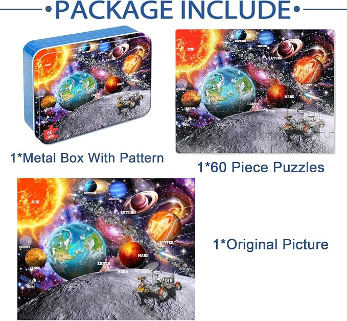Puzzles for Kids Ages 4-6, 60 Piece Puzzles for Kids Ages 3-5 in Metal Box | Educational Space Jigsaw Puzzles Kids Puzzles,Childrens Puzzle Games Puzzle Toys for Girls and Boys