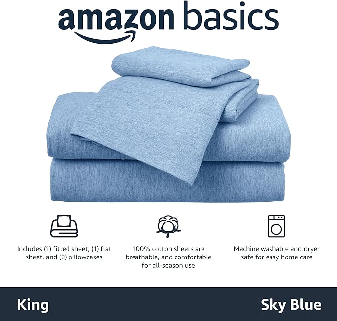 Amazon Basics 4 Piece Bed Sheets Set, 100% Cotton Jersey, Includes Super Soft, Flat and Fitted Sheets, Pillowcase, King, Sky Blue, Solid