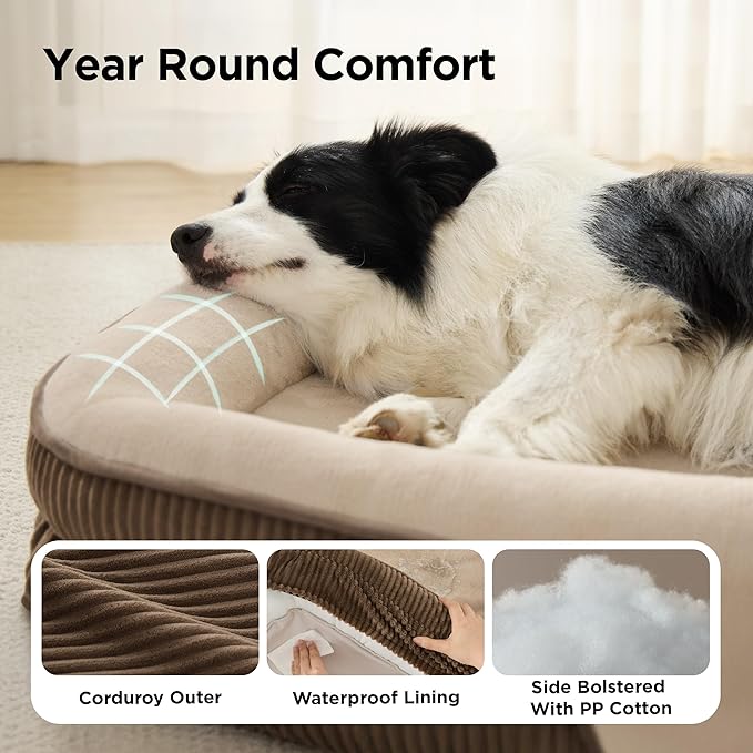 Bedsure Orthopedic Dog Beds Large Sized Dog - 360° Oval Bolster Large Dogs Bed for Senior Dogs with Waterproof Washable Cover, Big Comfort Pet Sofa Couch with Ultra-Soft Fleece, Brown, 35"