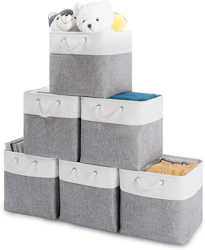 Oterri 6 Pack Foldable Storage Cubes, 13x13 Inch Fabric Bins, Decorative Storage Baskets for Home, Shelves, Nursery Organizers, Grey/White