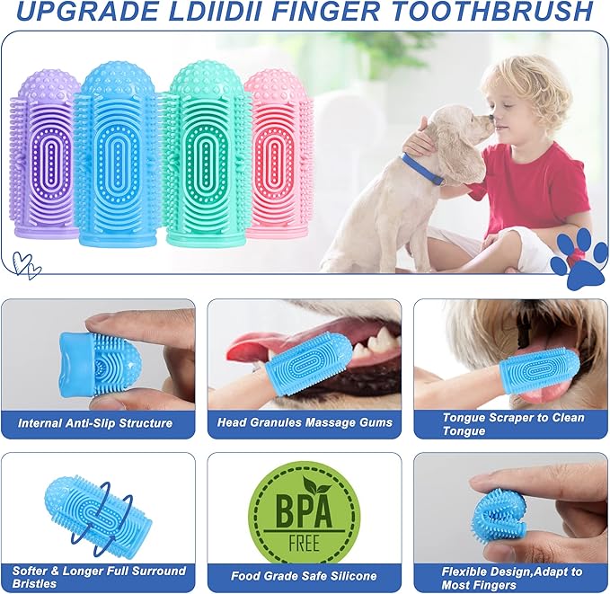 Dog Toothbrush Dog Tooth Brushing Kit Dog Finger Toothbrush for Dog Teeth Cleaning&Dog Dental Care,Cat Toothbrush Dog Tooth Brush Puppy Toothbrush (Blue Green Pink Purple(4-Pack))
